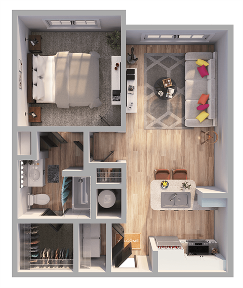 Floor plan for 1 bed, 1 bath, 752 sqft